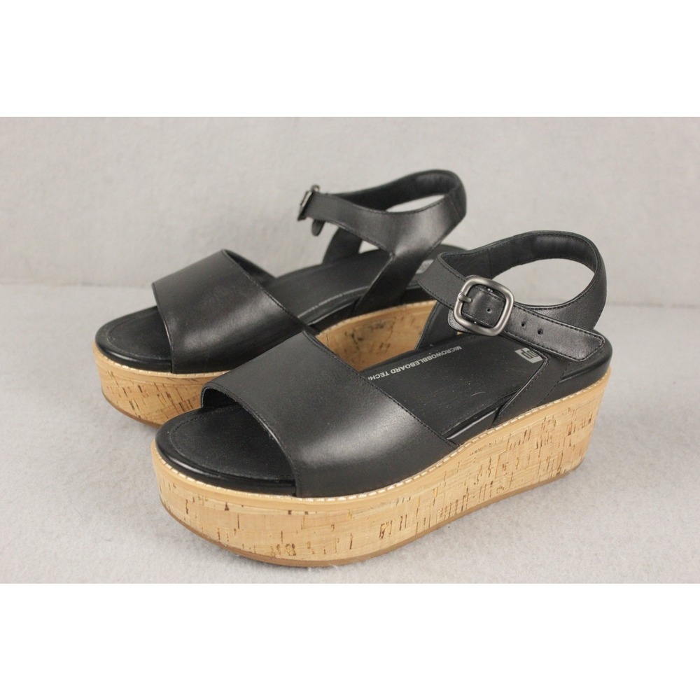 FitFlop Black Leather Cork Wedge Sandals